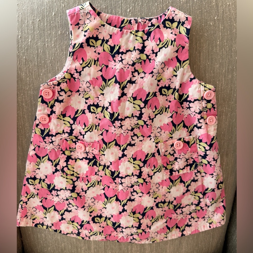 Gymboree Pink and Navy Floral with Buttons Dress pockets size 6/9 months snaps